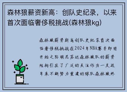 森林狼薪资新高：创队史纪录，以来首次面临奢侈税挑战(森林狼kg)