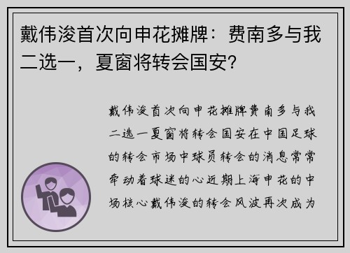 戴伟浚首次向申花摊牌：费南多与我二选一，夏窗将转会国安？