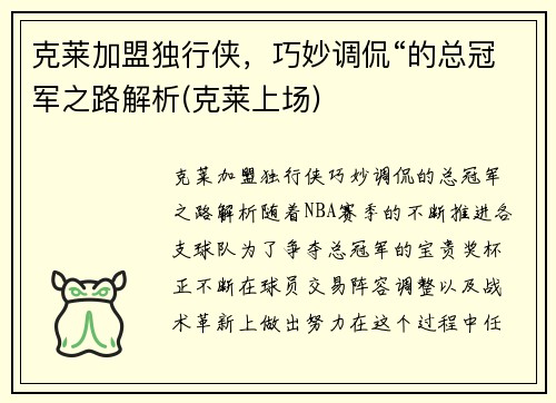 克莱加盟独行侠，巧妙调侃“的总冠军之路解析(克莱上场)