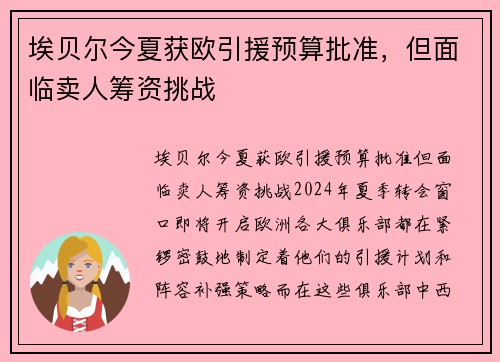 埃贝尔今夏获欧引援预算批准，但面临卖人筹资挑战