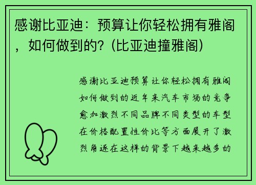 感谢比亚迪：预算让你轻松拥有雅阁，如何做到的？(比亚迪撞雅阁)
