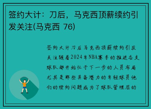 签约大计：刀后，马克西顶薪续约引发关注(马克西 76)