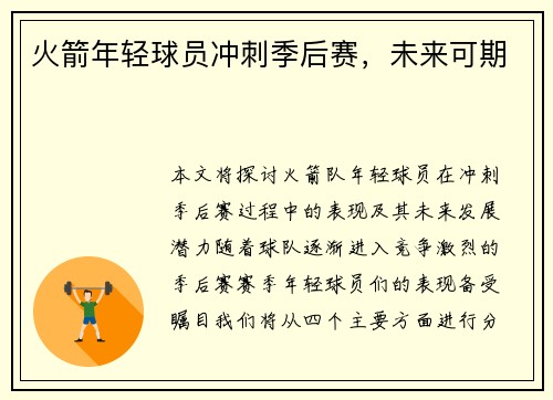 火箭年轻球员冲刺季后赛，未来可期