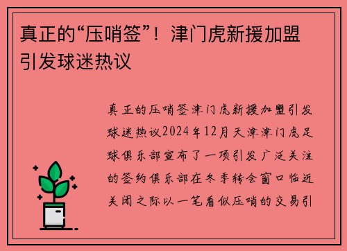 真正的“压哨签”！津门虎新援加盟引发球迷热议