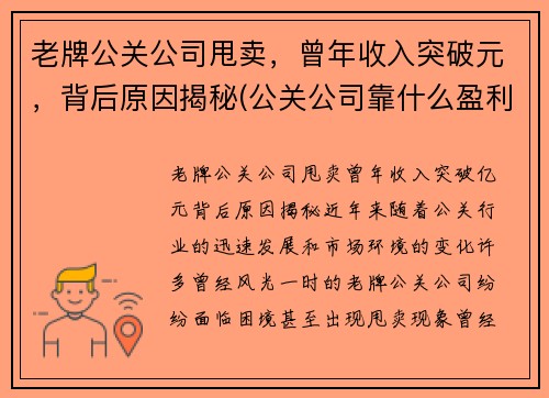 老牌公关公司甩卖，曾年收入突破元，背后原因揭秘(公关公司靠什么盈利)