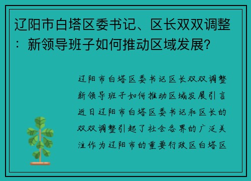 辽阳市白塔区委书记、区长双双调整：新领导班子如何推动区域发展？