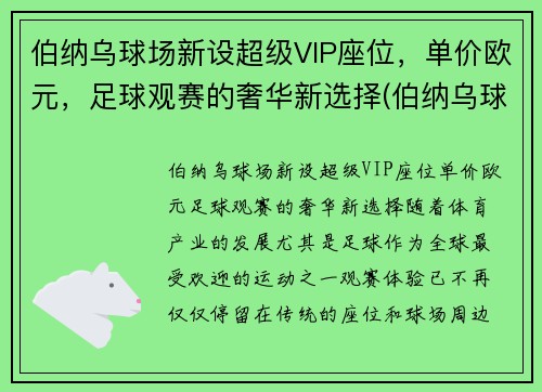 伯纳乌球场新设超级VIP座位，单价欧元，足球观赛的奢华新选择(伯纳乌球场tifo)