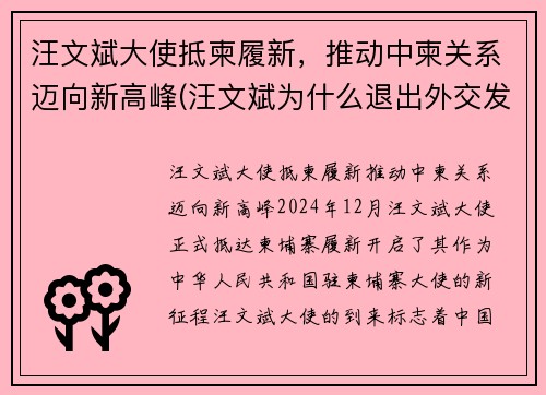 汪文斌大使抵柬履新，推动中柬关系迈向新高峰(汪文斌为什么退出外交发言人)