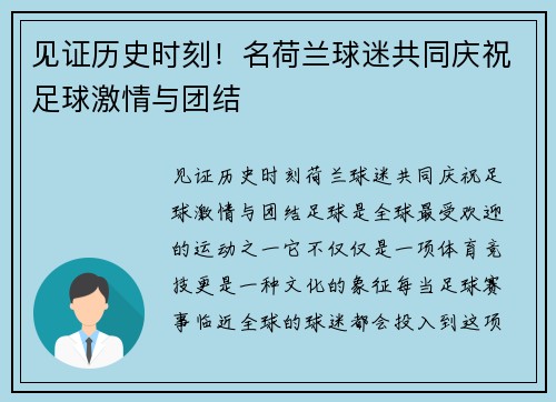 见证历史时刻！名荷兰球迷共同庆祝足球激情与团结