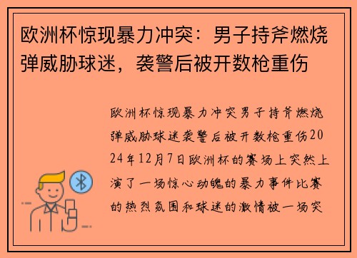 欧洲杯惊现暴力冲突：男子持斧燃烧弹威胁球迷，袭警后被开数枪重伤